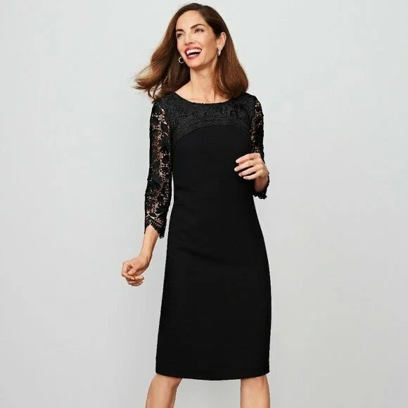 Women’s Talbots Long Lace Sleeve Black Sheath Knee Length Occasion Dress EUC - Picture 1 of 6